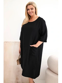 Dámské šaty Plus Size viskózové s kapsami krátký rukáv černá