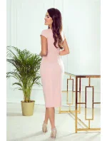 TAMARA - Elegantní dámské midi šaty v pudrově růžové barvě s páskem 301-1 TAMARA - Elegantní dámské midi šaty v pudrově růžové barvě s páskem 301-1