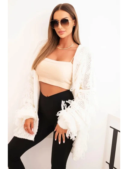 Dámský cardigan s třásněmi a volným střihem ecru Dámský cardigan s třásněmi a volným střihem ecru