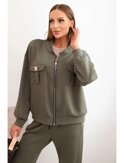 Dámský komplet z viskózy s rozepínací mikinou a kalhotami khaki model 21285295 - K-Fashion Dámský komplet z viskózy s rozepínací mikinou a kalhotami khaki model 21285295 - K-Fashion