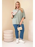 Dámská viskózová halenka Plus Size s krátkým rukávem a ozdobným šátkem khaki