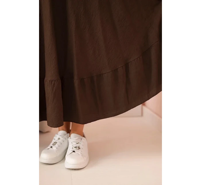 Dámské šaty plus size s krátkým rukávem a volánem z lehké viskózy hnědá