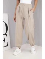 Dámské bavlněné kalhoty s vysokým pasem a ozdobným knoflíkem béžové