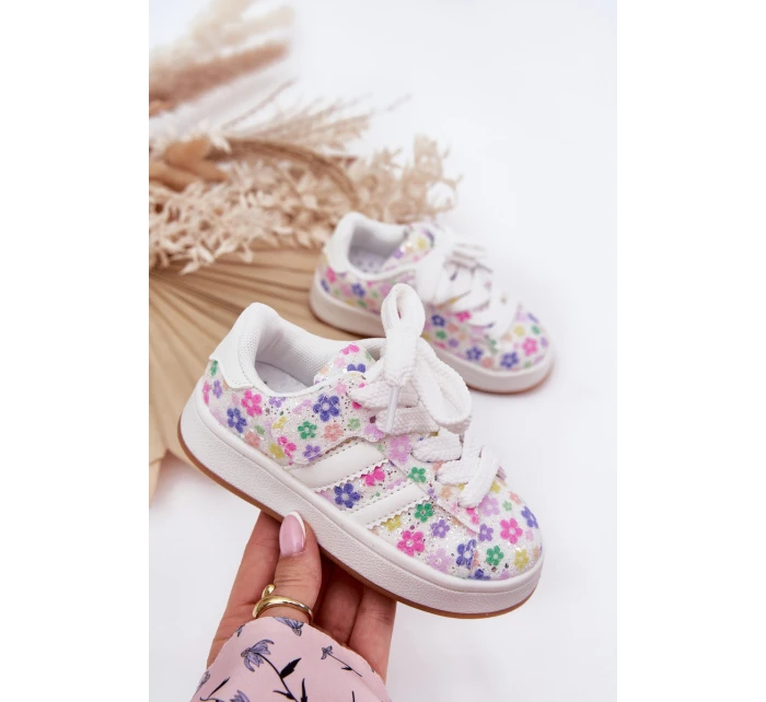 Lesklé Dívčí Sportovní Boty S Květinami Bílé Tessina