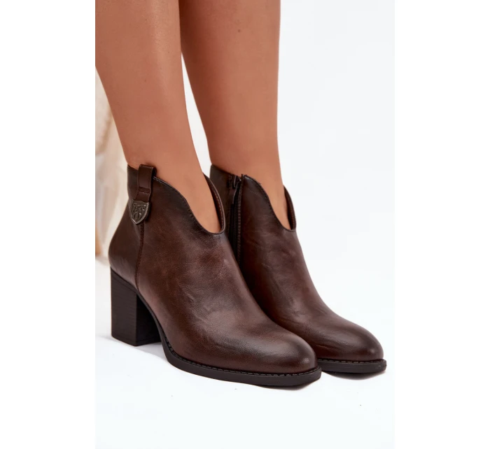 Zateplené dámské kotníkové boty na vysokém podpatku z eko kůže čokoládové talianské