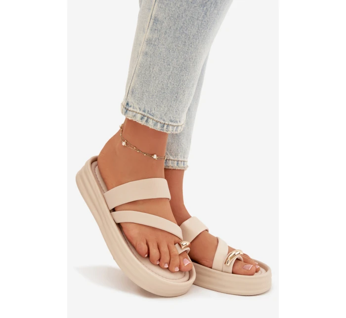 Dámské textilní pantofle s pásky a zlatým detailem světle béžové Farielle