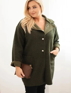 Dámský plášť Plus Size model 21393324 s vlnou a kapsami khaki - K-Fashion
