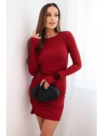 Dámské šaty z viskózy s nařasením a květinami na rukávech bordová