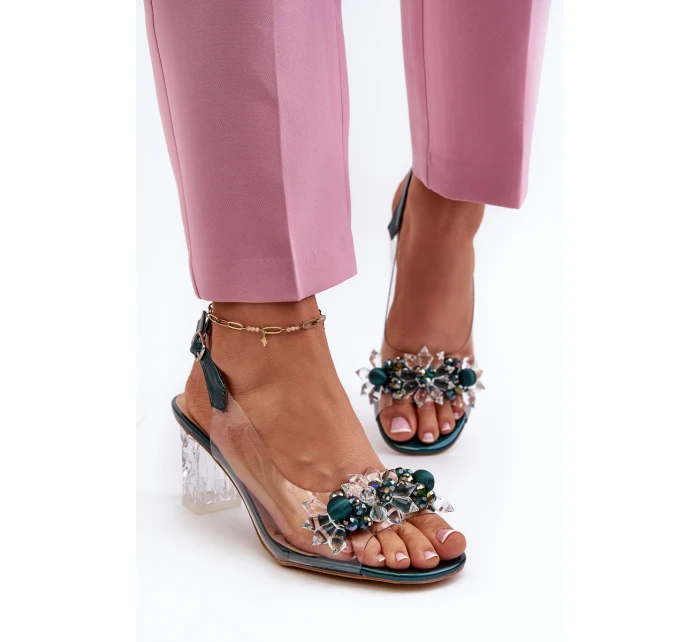 Průhledné sandály na podpatku s ozdobami zelené D&A MR38-D1