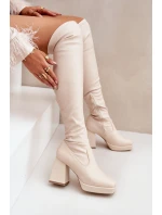 kozačky nad kolena na podpatku jasně béžové model 21681387 - Boto