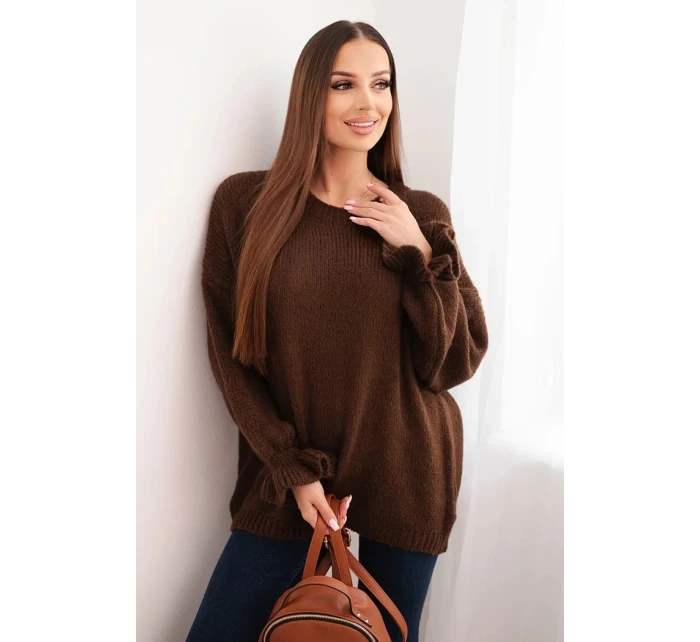 Dámský svetr s příměsí mohairu a vlny volného střihu hnědý Dámský svetr s příměsí mohairu a vlny volného střihu hnědý