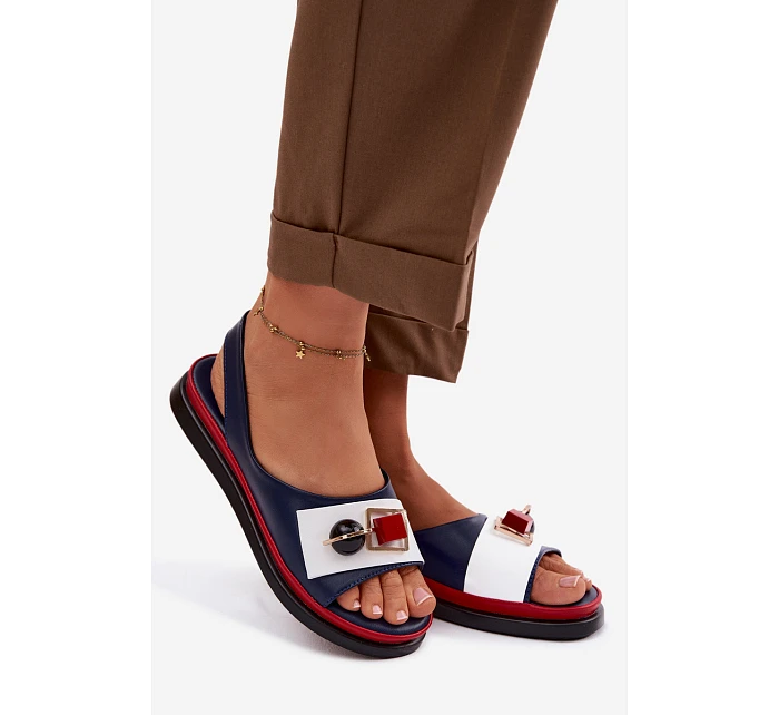 Kožené dámské sandály s ozdobou D&A model 22101325 tmavě modré - S.Barski Kožené dámské sandály s ozdobou D&A model 22101325 tmavě modré - S.Barski