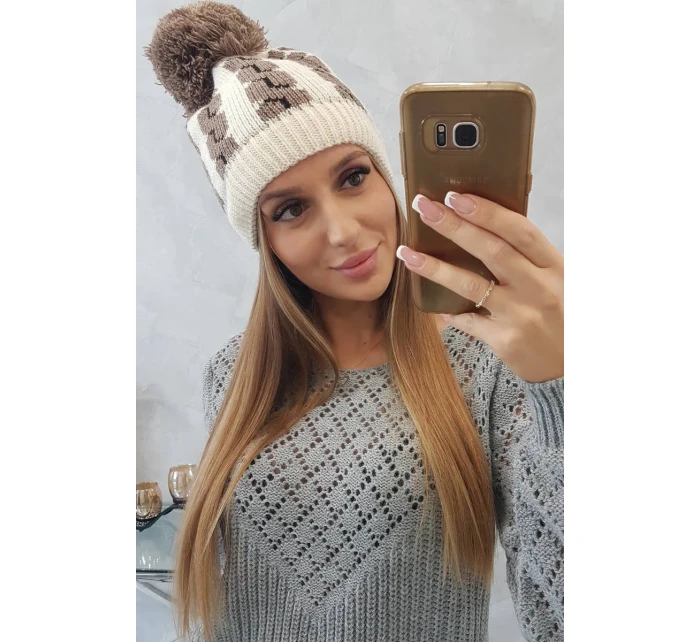 Dámská čepice s bambulí Rozalia K323 mocca+ecru