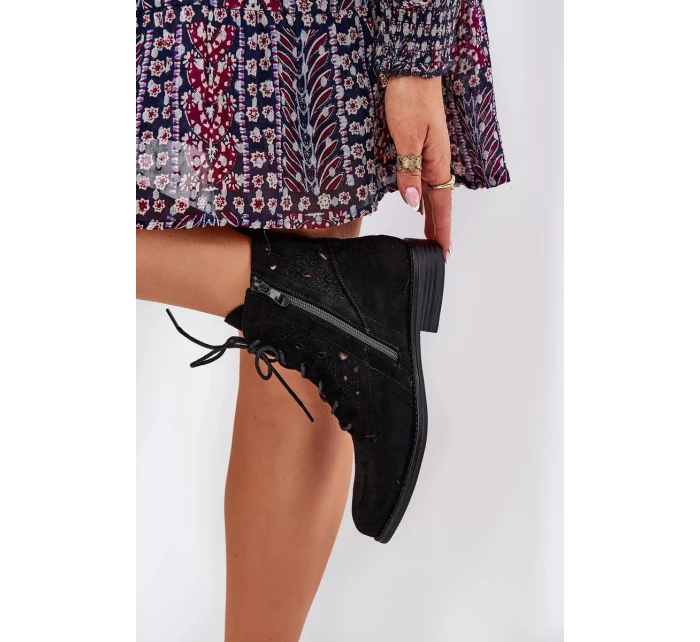 Dámské šněrovací kotníkové botky s perforovaným vzorem – černé S.Barski