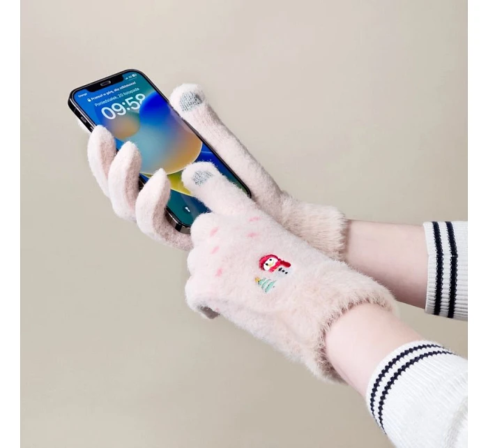 Dámské zimní rukavice na telefon se sněhulákem a vánočním stromkem - béžové dámské Dámské zimní rukavice na telefon se sněhulákem a vánočním stromkem - béžové dámské