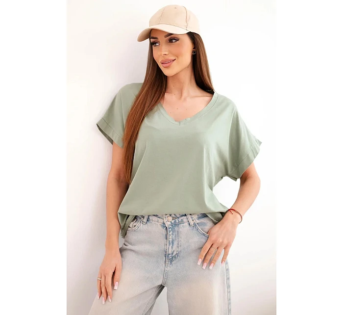 Dámská bavlněná halenka s výstřihem do V a krátkým rukávem khaki