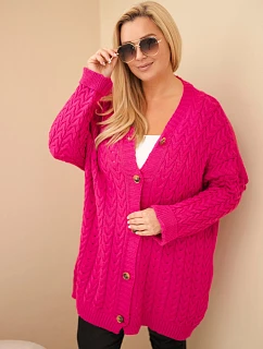 Dámský kardigan Plus Size s knoflíky a copánkovým vzorem fuchsie