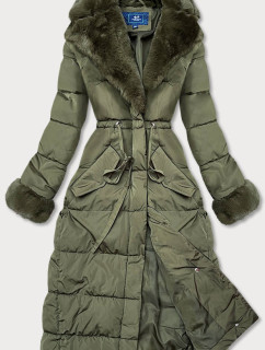 Dlouhá zimní bunda v khaki barvě s kožešinovým límcem (J9-071)