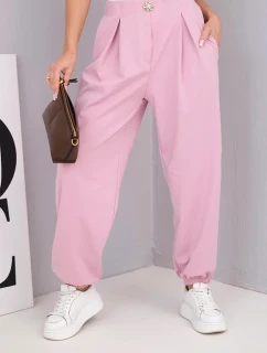 Dámské bavlněné kalhoty s vysokým pasem a ozdobným knoflíkem tmavě růžové