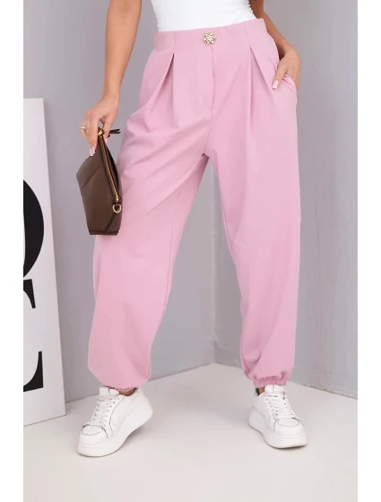 Dámské bavlněné kalhoty s vysokým pasem a ozdobným knoflíkem tmavě růžové