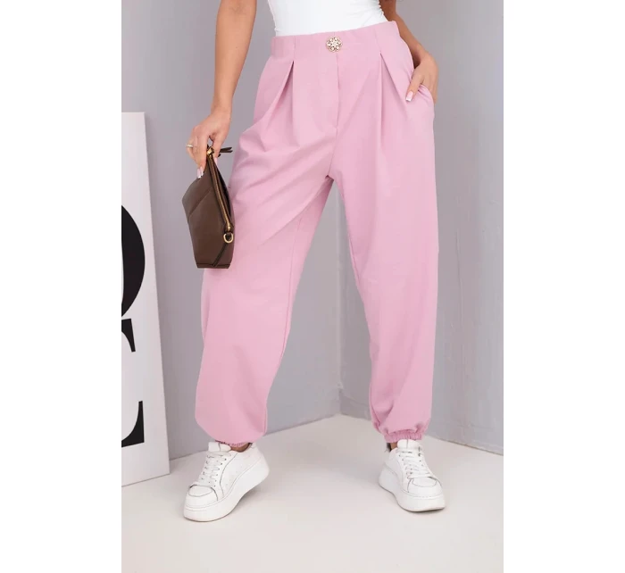 Dámské bavlněné kalhoty s vysokým pasem a ozdobným knoflíkem tmavě růžové