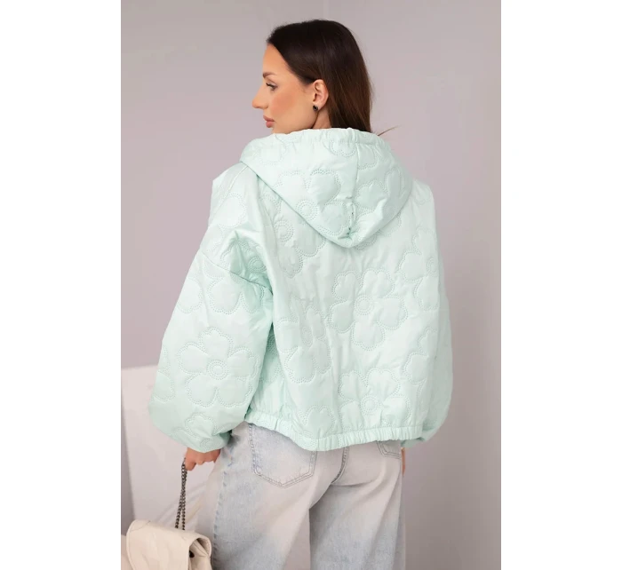 Dámská bunda prošívaná s kapucí a ozdobným květinovým vzorem mátová