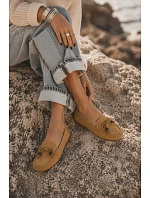Dámské Mokasíny Ploché S Mašlí A Fringingem Imitace Semiš Camel Bluebell Dámské Mokasíny Ploché S Mašlí A Fringingem Imitace Semiš Camel Bluebell