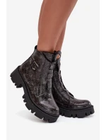 Dámské lakované boty Artiker – grafitové, zateplené, s ozdobou