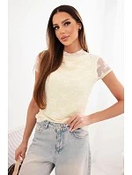 Dámská viskózová krajková halenka s krátkým rukávem a polorolákem žlutá