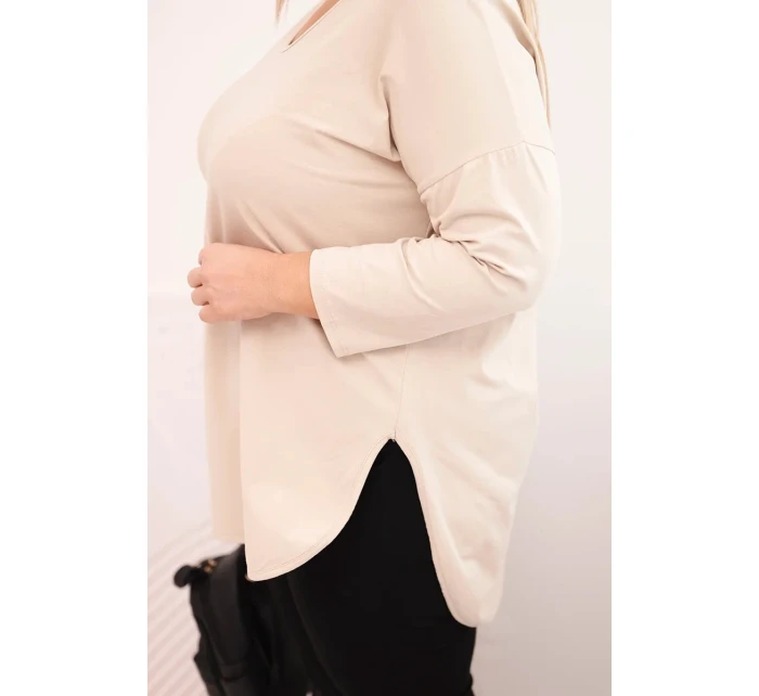 Dámská bavlněná blůza Plus Size s výstřihem do V a ohrnovacími rukávy béžová Dámská bavlněná blůza Plus Size s výstřihem do V a ohrnovacími rukávy béžová