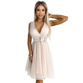 523-3 Tylové šaty s výstřihem a mašlí - BEACH