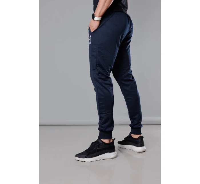 Tmavě modré pánské teplákové kalhoty s potiskem (8K178-25)