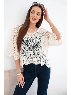 Dámský bavlněný prolamovaný svetr s krátkým rukávem a ozdobným vzorem béžový