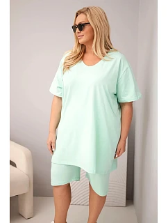 Dámský bavlněný komplet Plus Size s halenkou a šortkami mátový