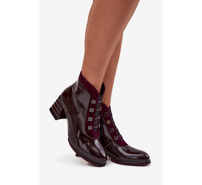 Lakované dámské kotníky z pravé kůže na podpatku D&A CR52-696 bordó
