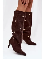 dámské kozačky na jehlovém podpatku se zlatými ozdobami hnědé model 21757799 - Boto