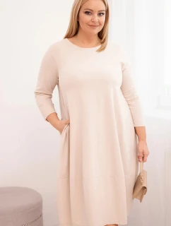 Dámská bavlněná šaty Plus Size s ohrnovacími rukávy a kapsami béžová