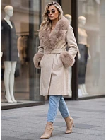 Dámský kabát s odnímatelným kožešinovým límcem, béžový, FashionStreet TY6068 Dámský kabát s odnímatelným kožešinovým límcem, béžový, FashionStreet TY6068