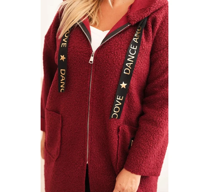 Dámský kabát Plus Size z umělého beránka s kapucí a kapsami bordový