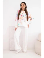 Dámský máslový viskózový komplet s květinovým vzorem a širokými nohavicemi bílý
