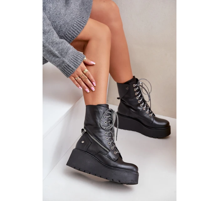 Kožené Botky Worker Na Platformě A Klínu model 21678220 Černé - Maciejka