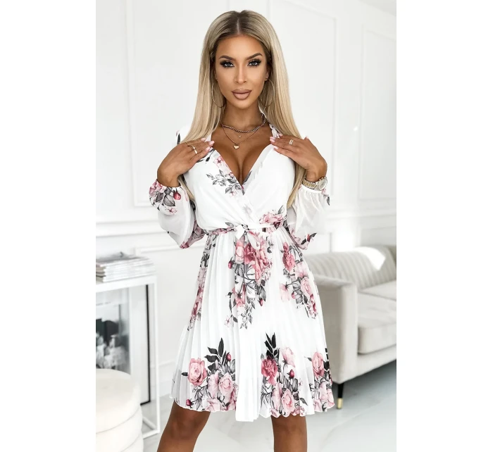 Bílé dámské plisované šaty se vzorem výstřihem, dlouhými rukávy a páskem model 22077518 - numoco basic