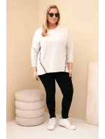 Dámská blůza Plus Size bavlněná s ohrnovacími rukávy a leopardím lampasem béžová