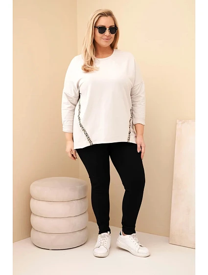 Dámská blůza Plus Size bavlněná s ohrnovacími rukávy a leopardím lampasem béžová