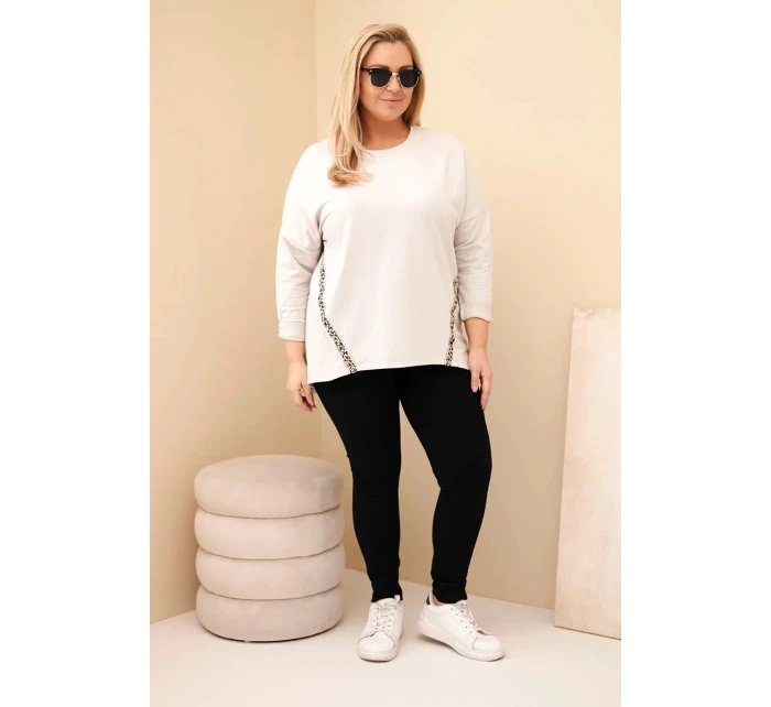 Dámská blůza Plus Size bavlněná s ohrnovacími rukávy a leopardím lampasem béžová