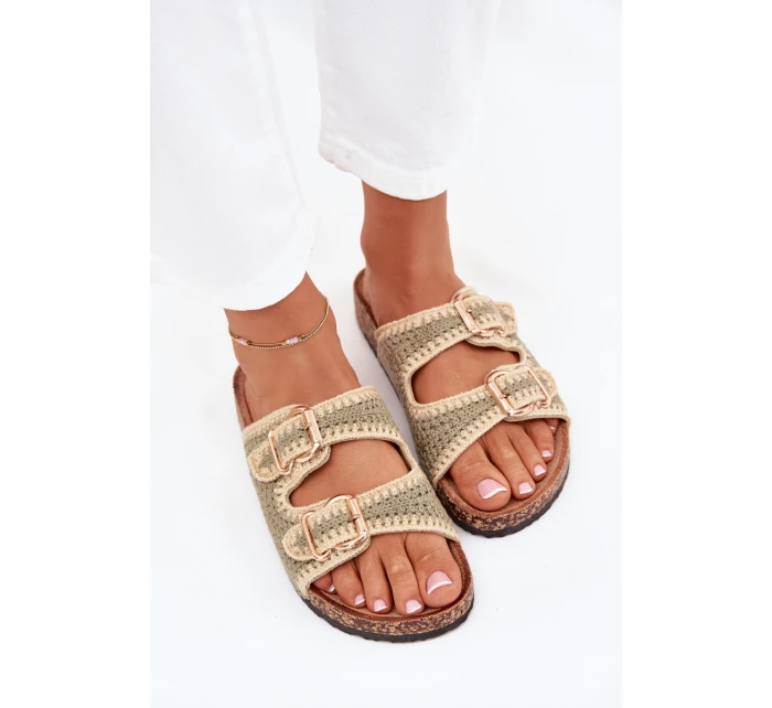 Dámské háčkované pantofle se zlatými přezkami – zelené Fenira