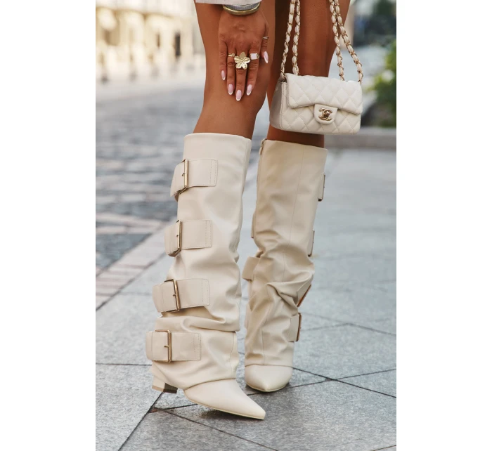 Dámské kozačky na sloupkovém podpatku s ohrnovaným svrškem a zlatými přezkami Isavelle – světle béžové