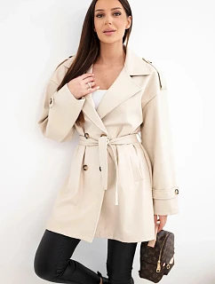 Dámský kabát z ekokůže model 22251658 v pase béžový - K-Fashion