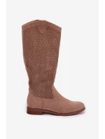 Dámské kozačky s krajkovým vzorem na plochém podpatku model 21998027 Béžové - S.Barski Dámské kozačky s krajkovým vzorem na plochém podpatku model 21998027 Béžové - S.Barski