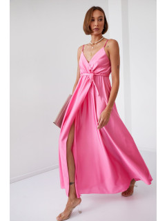 Dámské saténové maxi šaty s růžovými ramínky